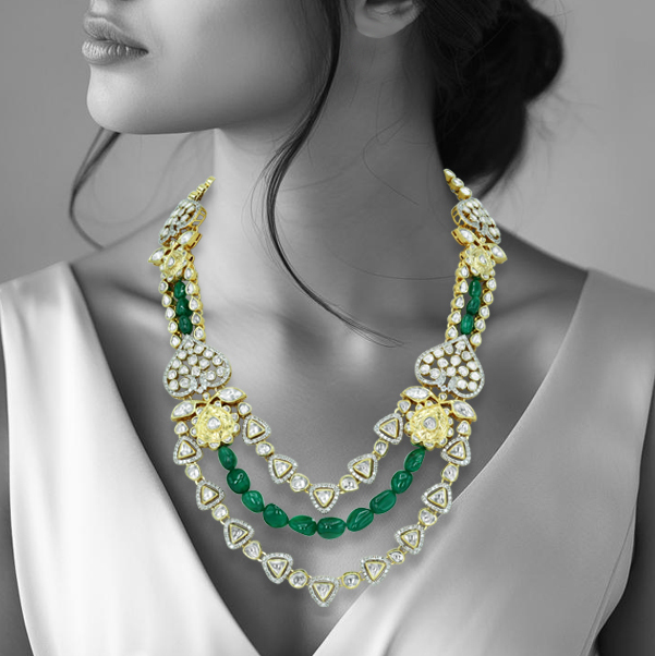 Layered Polki Necklace with Emerald Maniya and Floral Motifs